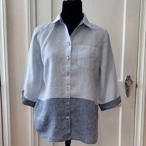 Chico's Two-Tone Linen Blue Button Down Shirt Size 0 (small)